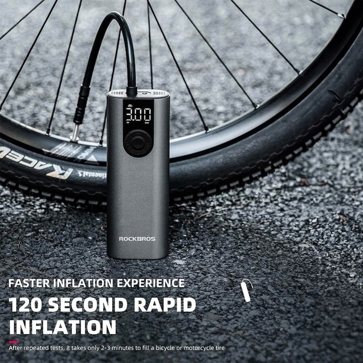 Actual product image Rockbros 42720001001 electric bicycle pump with LED display + USB-C - USB-A cable - black