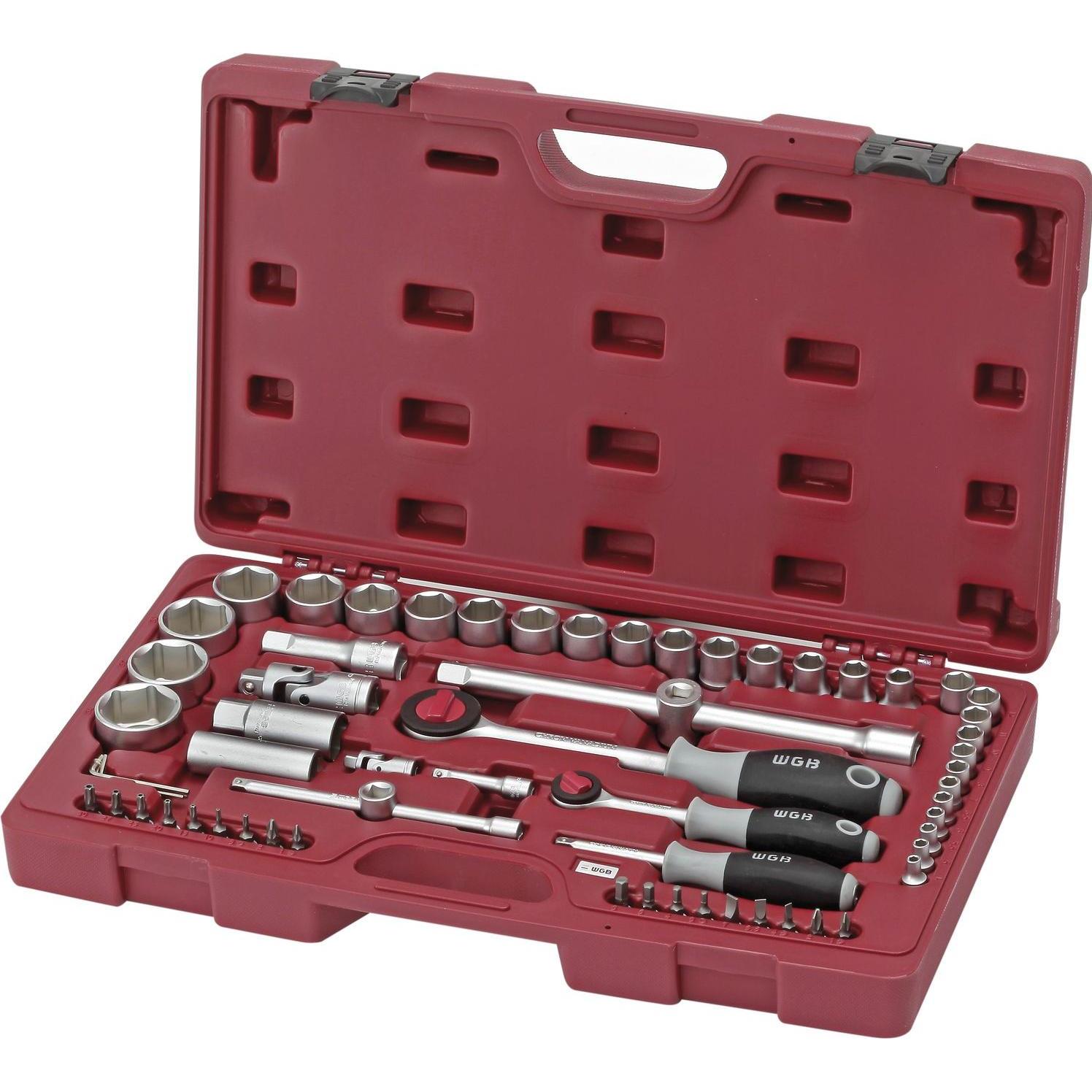 WGB, Steckschlüssel + Stecknuss, Steckschlüssel-Satz 1/4"+1/2" vierkant mit Umschaltknarre 65-teilig