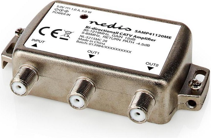 Actual product image Nedis SAMP41120ME CATV amplifier Gain: 12 dB 85-1218 MHz Number of outputs: 2 Return path Silb (Power supply)