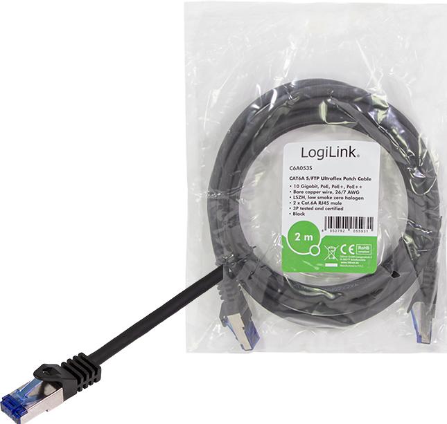Image du produit LogiLink Cordon de raccordement Ultraflex, Cat.6A, S/FTP, 2.0 m, noir avec câble brut Cat.7, câble extra (S/FTP, CAT6a, 2 m)