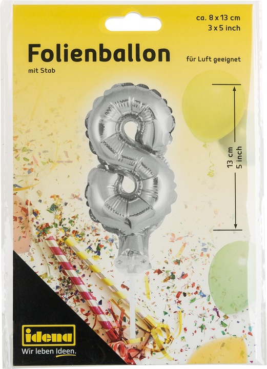 Produktbild Idena Folienballon Zahl 8 am Stab 13cm silber