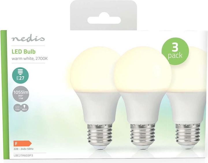 Actual product image Nedis LBE27A603P3 LED lamp E27 A60 11 W 105 lm 2700 K Warm white 3 pieces (E27, 11 W, 1055 lm, 3 x, F)