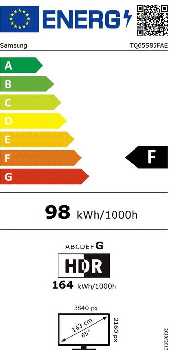 Energie-Label Samsung 65" Fladskrms TV TQ65S85FAEXXC (65", S85F, OLED, 4K, 2025)