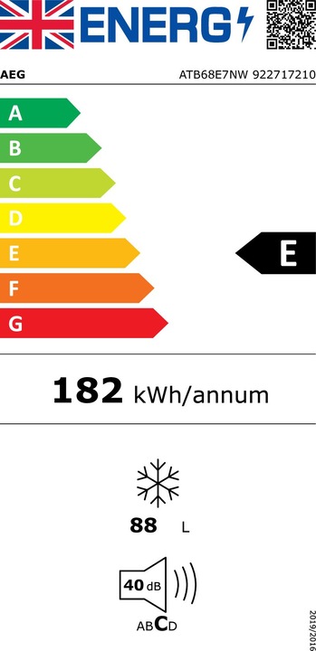 Energie-Label AEG ATB68E7NW diepvriezer Vrieskast Vrijstaand 88 l E Wit (Freistehend, 88 l)