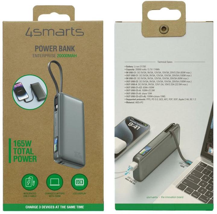 Produktbild 4smarts Powerbank USB-C Kabel 20000mAh (20000 mAh, 165 W, 74 Wh)
