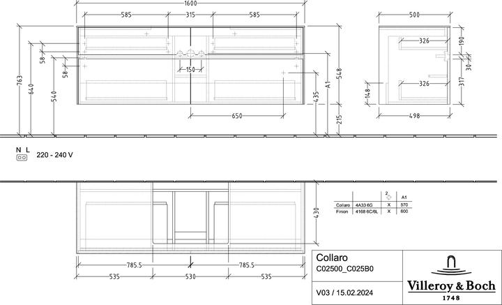 Produktbild Villeroy & Boch Collaro Meuble sous-lavabo, 4 tiroirs, lavabo au centre, 1600x548x500mm, C02500VM
