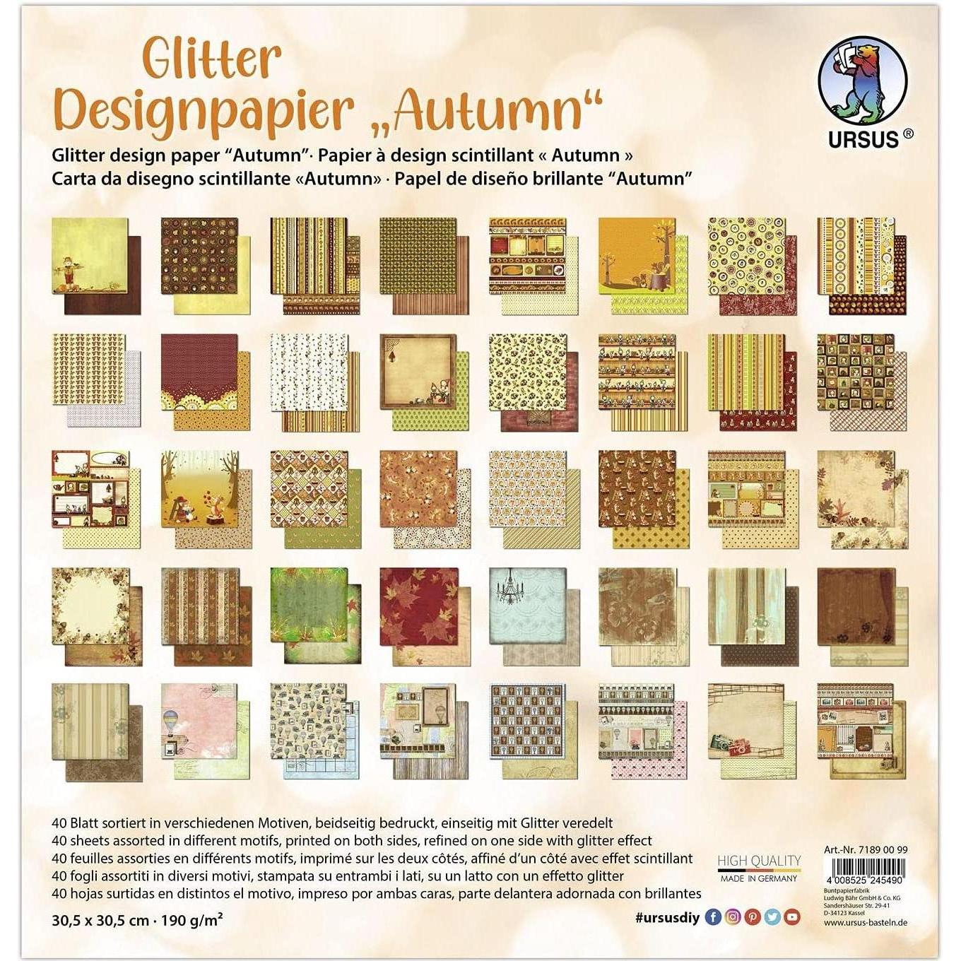 Ursus, Kopierpapier, Designpapier Glitter Herbst 40 Blatt, 190 g/m² (190 g/m², 40 x, 30.5 x 30.5 cm)
