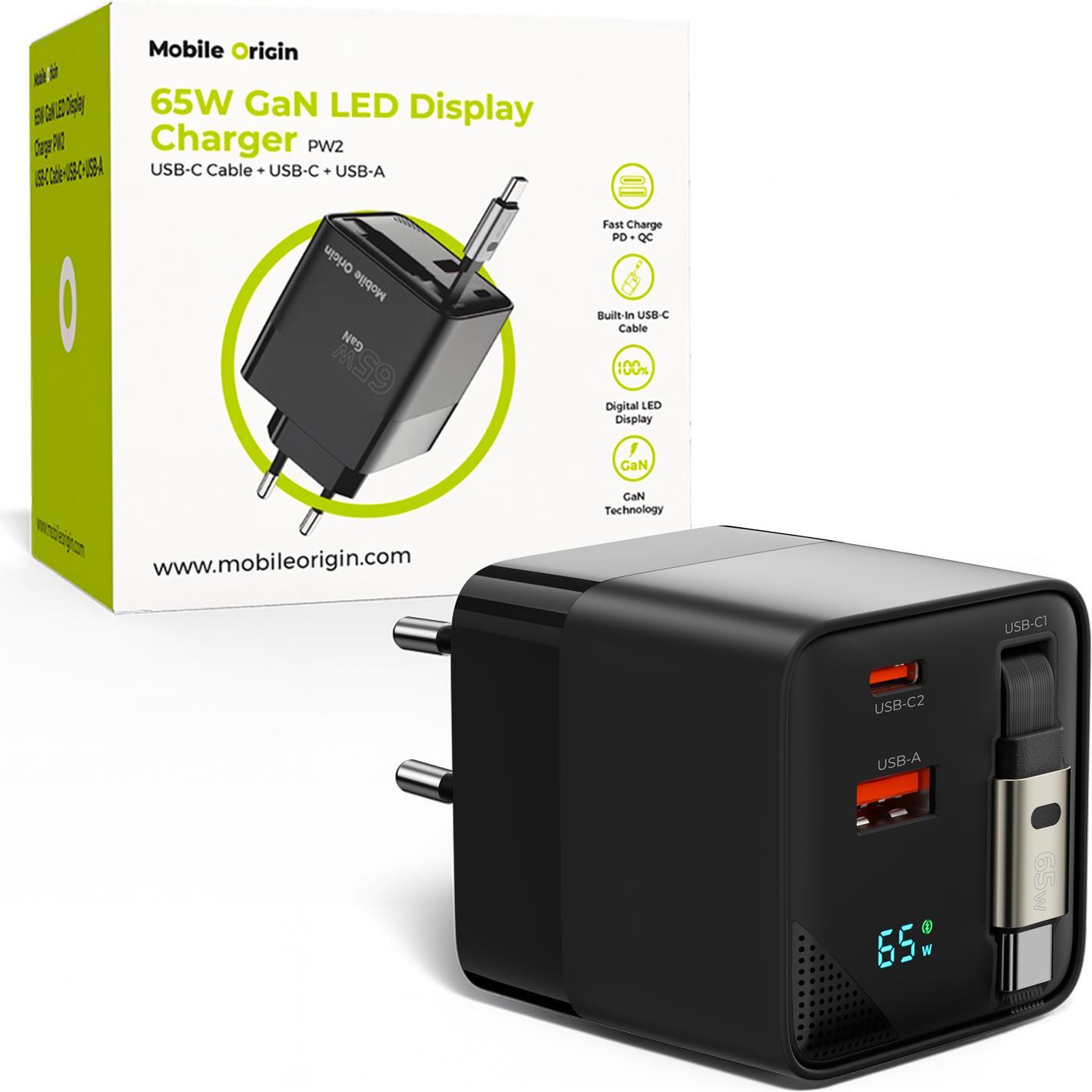 Mobile Origin 65W GaN Display Charger PW2 - USB-C Self-Retracting Cable + USB-C + USB-A (65 W), Caricatore USB
