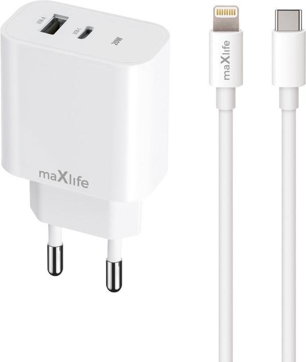 Actual product image Maxlife MXTC-06 PD QC charger 1x USB-C 1x USB 20W white + USB-C - Lightning cable 20W (20 W, 2 ports)