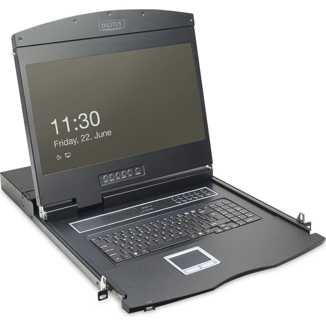 Digitus Modulare Konsole mit 483cm 19Zoll TFT 8 Port KVM & Touchpad deutsche Tastatur RAL 9005 -..., KVM Switch, Schwarz