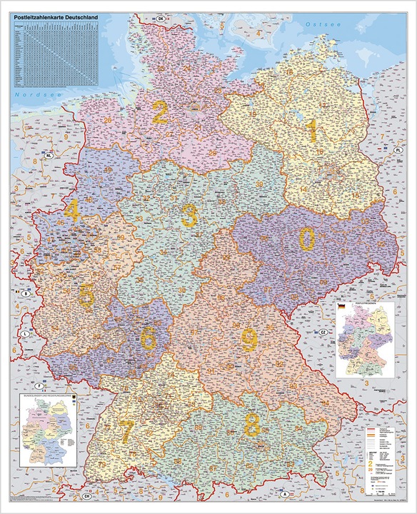 Actual product image Germany postcode map 1 : 750 000. large format wall map without metal rods