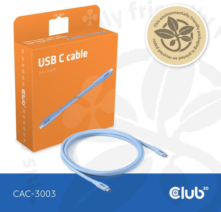 Actual product image Club 3D Club3D Lifestyle USB-C cable PD 240W,20Gbps 2m blue pc/st retail (2 m, USB 4.0, 240 W)