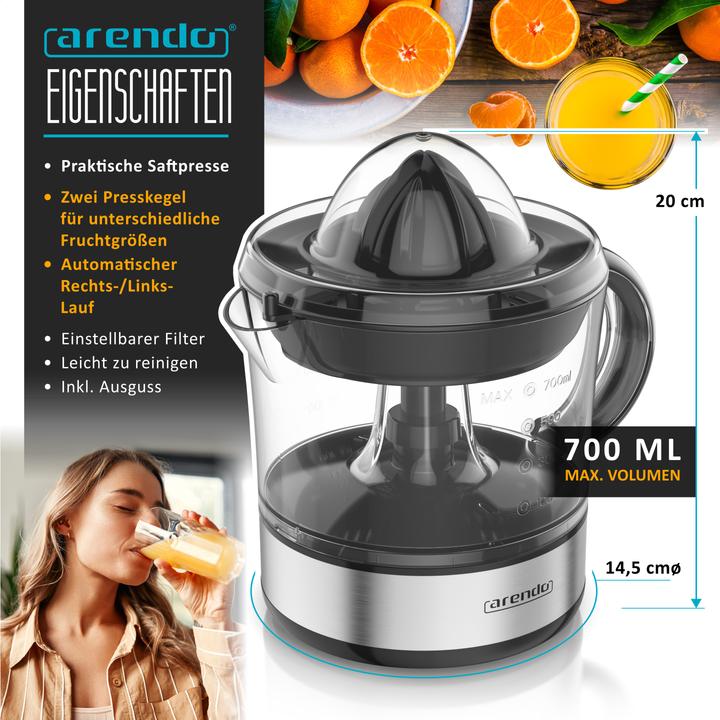 Actual product image Arendo Elektrische Zitruspresse, 2 Presskegel, BPA-frei, 2x Drehrichtungen, Entsafter 40W, 700ml Behälter