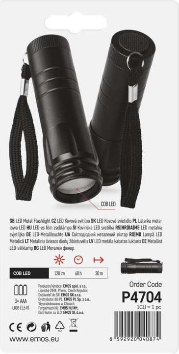 Actual product image Emos COB LED metal torch P4704, 100 lm, 3x AAA (10.20 cm, 120 lm)