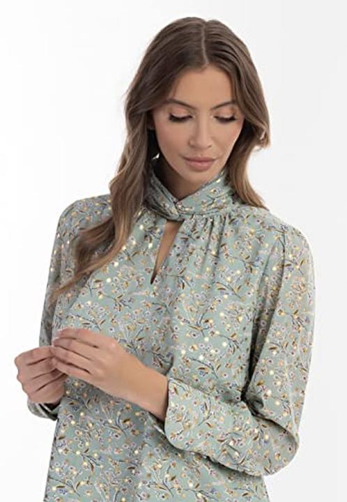 Actual product image Nelice Women's Blouse with Allover Floral Print, Gold Dots, Draped Stand Collar and Cut-Out (XL)