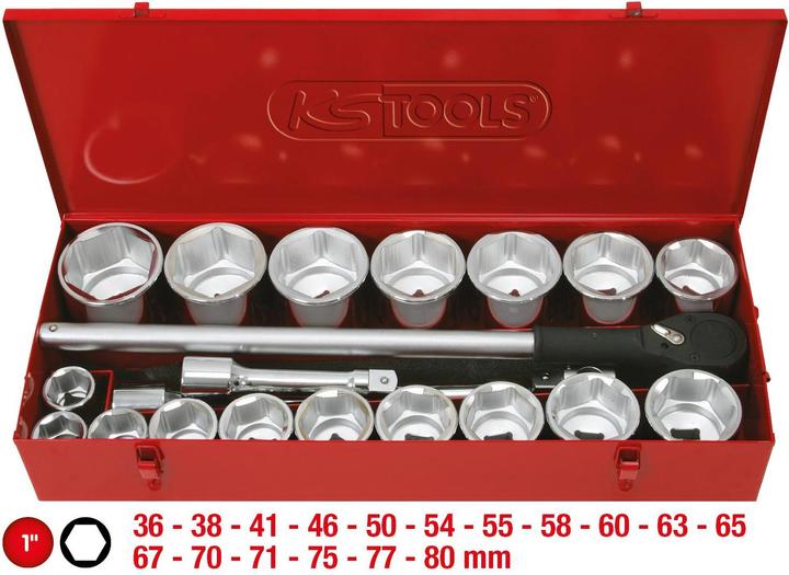 Actual product image KS Tools 1" socket set, 22 pieces, reversible