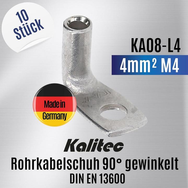 Produktbild Kalitec 10 Stück KA08-L4 Handelsübliche Rohrkabelschuhe gewinkelt 4mm² M4 I ohne Sichtloch I 90° I M