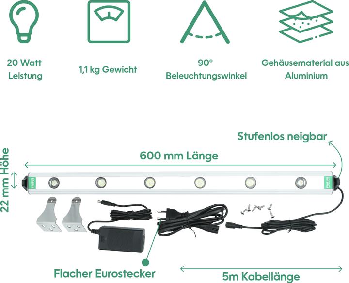 Actual product image Parus by Venso Wall Spot 60cm, beam angle 90 °, LED growth lamp, growth light for indoor plants and (LED, 90 V)