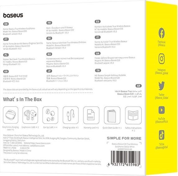 Produktbild Baseus Bowie E20 Kopfhörer Kabellos im Ohr Anrufe/Musik Bluetooth Weiss (6 h, Kabellos)