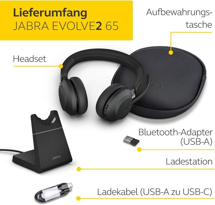 Produktbild Jabra Headset Evolve2 65 Duo UC Schwarz, USB-A, Ladestation (Kabellos, USB-A)