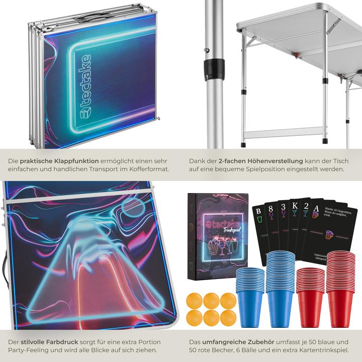 Image du produit tectake Table de beer pong BEER WARS I avec éclairage LED et jeu de cartes