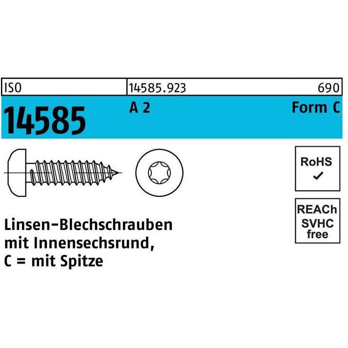 Schrauben, Linsenblechschraube ISO 14585 m.Innensechsrund 3,5 x 13 -C A 2 T15 (1000 Schrauben pro Stück)
