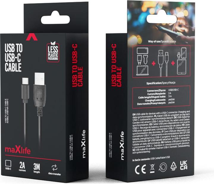 Produktbild Maxlife Kabel USB - USB-C 3,0 m 2A schwarz (3 m, USB 3.0, 10 W)