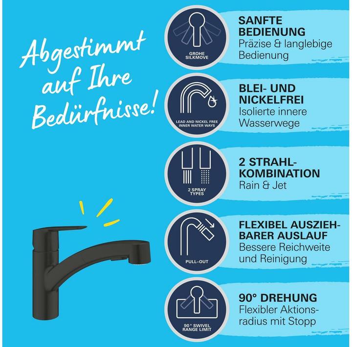 Immagine prodotto Grohe Start QuickFix Küchenarmatur, Dual-Spülbrause, herausziehbar, schwenkbar, mattschwarz