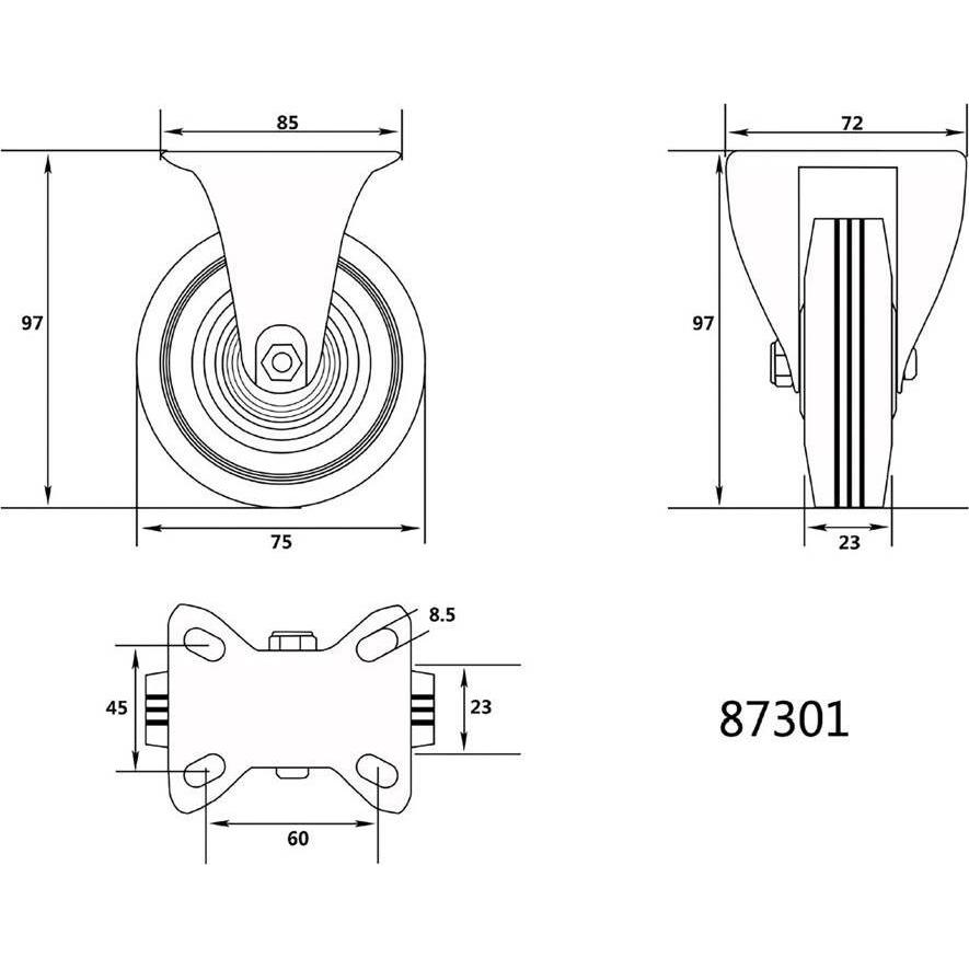 Thumbnail - Toya, Möbelrollen, Vorel -Festrad mit schwarzem Kaugummi 75 mm 87301