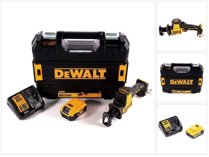 1x DeWalt DCS369 cordless reciprocating saw, 1x TSTAK case, 1x DeWalt 5.0Ah battery, 1x DeWalt charger