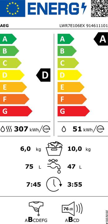 Label énergétique AEG Öko Lavamat LWR7E106EX