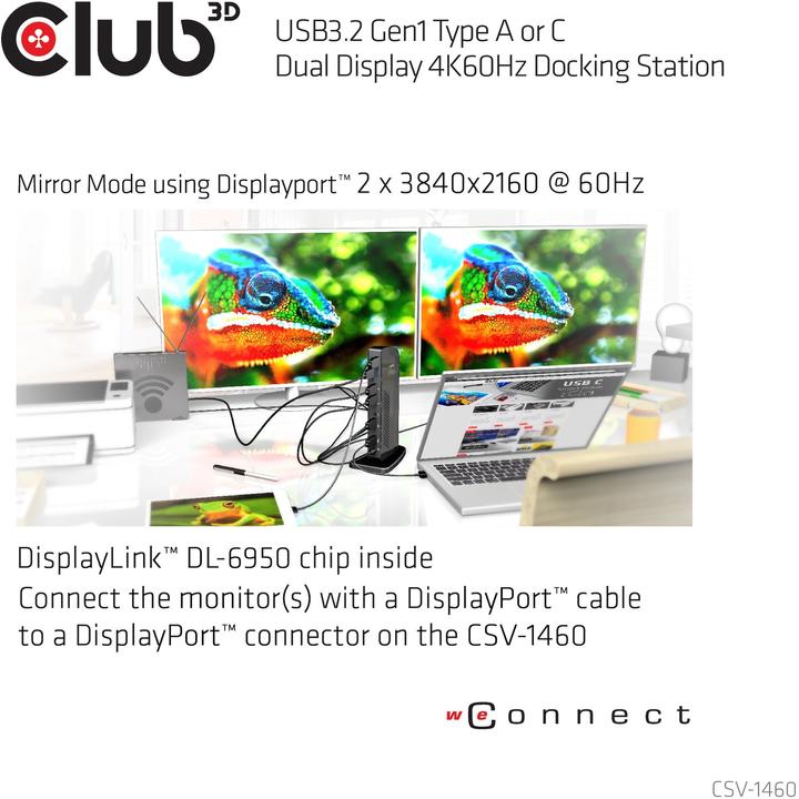 Produktbild Club 3D Dual Display Docking Station 4K60Hz (USB-B, 2 Ports)