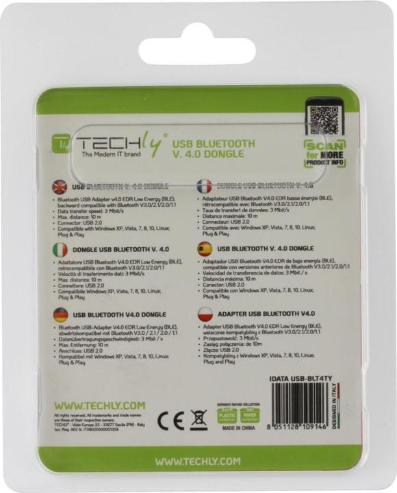 Image du produit Techly Dongle USB Bluetooth 4.0 classe 1 + adaptateur EDR (Récepteur)