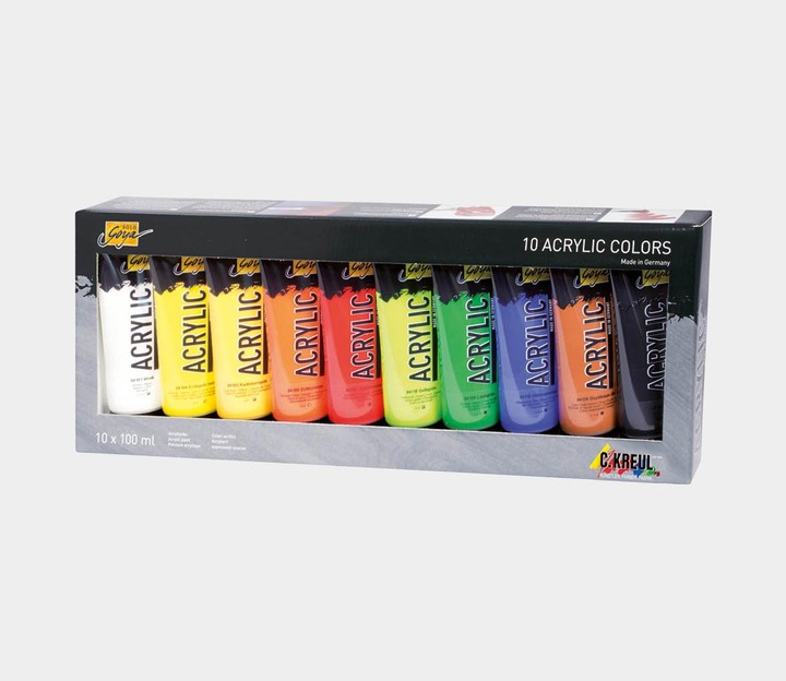 Produktbild Solo Goya Acrylic 10er Set (Schwarz, Weiss, Echtorange, Ultramarinblau, Oxydbraun dunkel, Gelbgrün, 1000 ml)