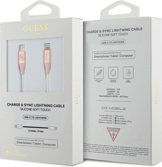Produktbild Guess GUCLLALRGDP kabel USB-C - Lightning 1.5m Fast Charging różowy/pink Ebossed Logo (1.50 m, USB 3.2 Gen 1)
