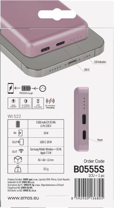 Actual product image Emos Powerbank WI 522, 5 000 mAh, 20 W+Wireless, lachs (5000 mAh, 20 W, 19.25 Wh)
