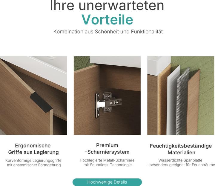 Produktbild Emke Badunterschrank mit Aufsatzwaschbecken, Sonoma Eiche, Soft Close Tür, Einlegeböden, hängend