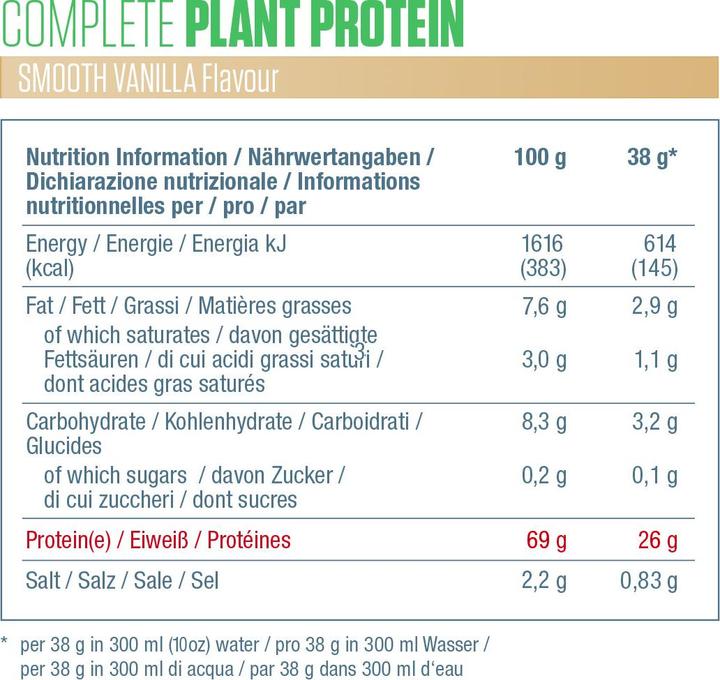 Nährwerte und Zutaten Dymatize Complete Plant Protein (836 g, 1x, Vanille)