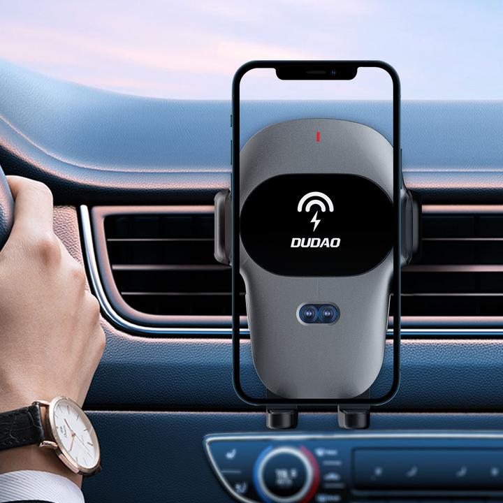 Actual product image Dudao car holder with built-in Qi wireless charger 15W grey (F20xs)