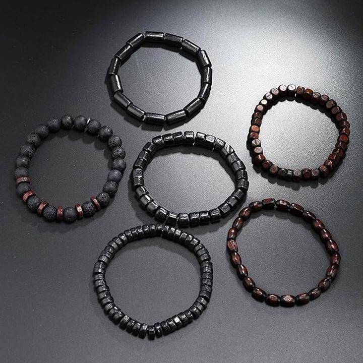 Produktbild Cbx Elastisches Perlen Armband Set Lavastein und Vintage-Holzperlen (Lavastein (schwarzer Mondstein) und Vintage-Holzperlen)