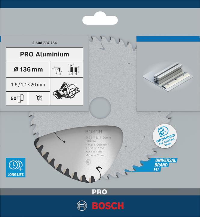 Productafbeelding Bosch Professional Zubehör Cirkelzaagblad Standaard voor Aluminium, 136x1,6/1,1x20, 50 tanden