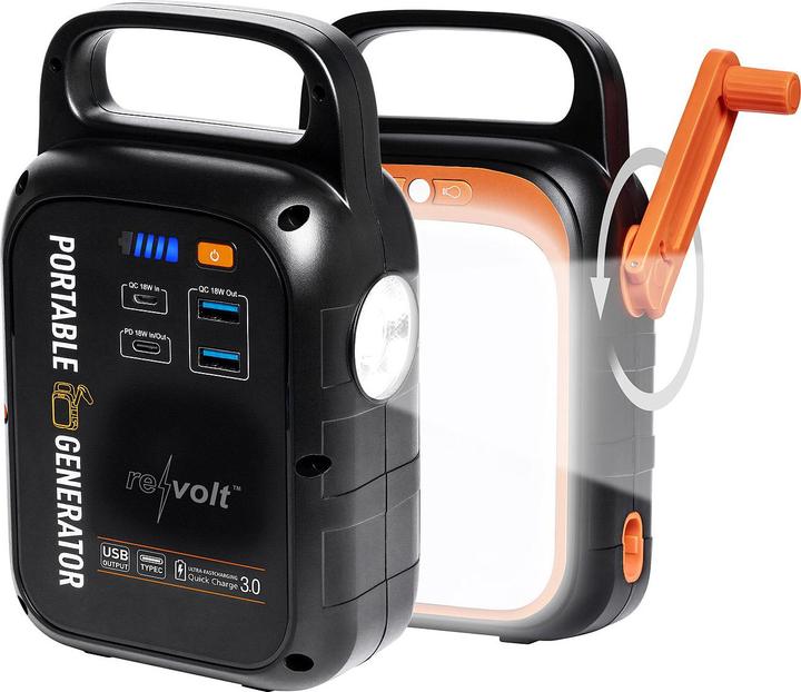Produktbild Revolt Kurbel-Dynamo-Powerstation (22,5 Ah) mit 28-Watt-Solarpanel (0.82 kg)
