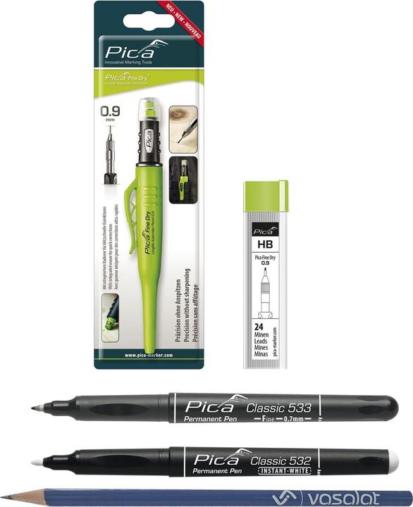 Produktbild Vasalat Pica Fine Dry 0.9 + 24 Stück Minen graphit HB + Marker 0.7 schwarz + Marker weiss (HB, 1x)