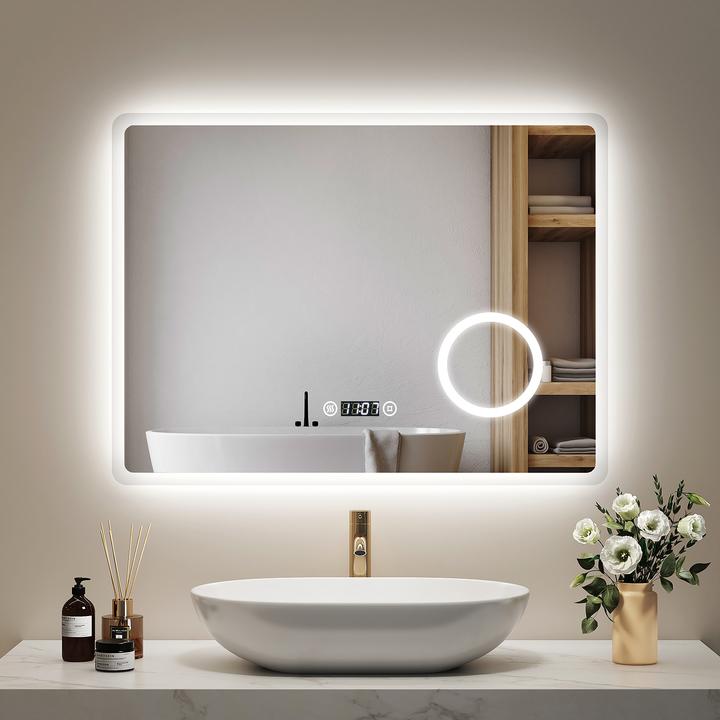 Actual product image Emke Bathroom Mirror With Lighting 80*60cm,3X Magnification, Fog-Free, Temperature&Time, Cool-White (80 x 60 cm)