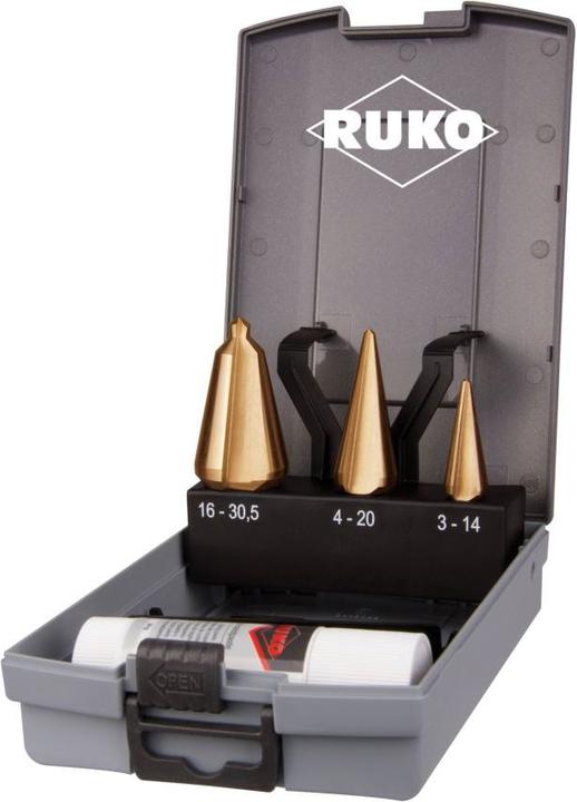 Actual product image Ruko Sheet metal peeling drill sets. Plastic box.set HSS TiN 4 p (3-14 / 5-20 / 16-30, 5 mm)