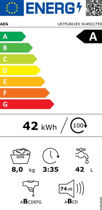 Etichetta energetica AEG LR7FL841 EX Lavatrice (a carica frontale, a libera installazione, 8 kg, A, 1.400 giri/min, ECO (8 kg, A sinistra)