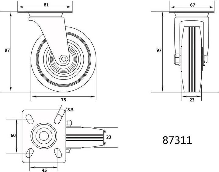 Productafbeelding Toya Kółko skrętne z czarną gumą 75mm 87311