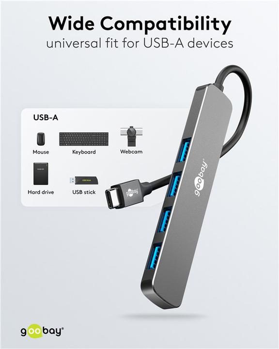 Immagine prodotto Goobay Slim 4-Port USB-Hub, USB-C auf USB-A, 5 Gbit/s (USB-C, 4 porte)