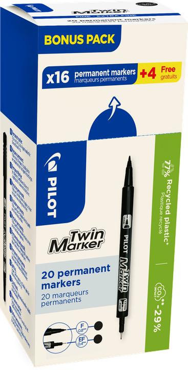 Immagine prodotto Pilot Marcatore permanente Twin Marker, VALUE PACK, nero 16+4 FREE, 2 punte: Larghezza linee: 0,4 + 0,8 m (20x)
