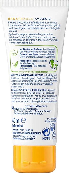 Actual product image NIVEA UV Face Sensitive (Sun cream face, SPF 50+, 40 ml)